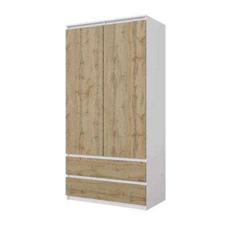 Nina Armoire 2 Portes 2 Tiroirs Blanc Mat Chêne Wotan H180cm L90cm P50cm